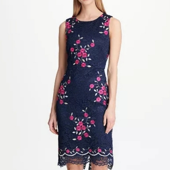 NWT DKNY Womens Embroidered Lace Sleeveless Floral Navy/Pink Dress Size 2 - Picture 10 of 10